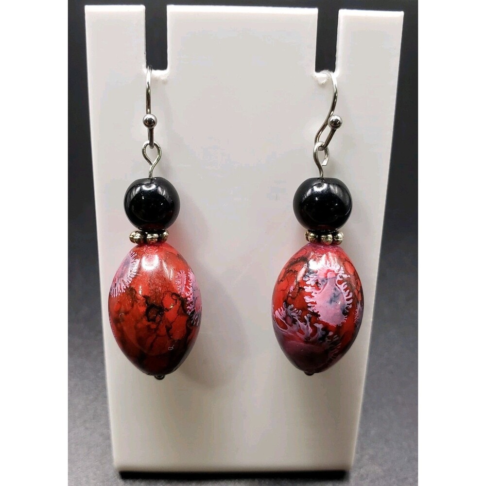 Dangle/Drop/ Dark Red, Black, & Silver Ceramic~Glass Handcrafted Beaded Earrings